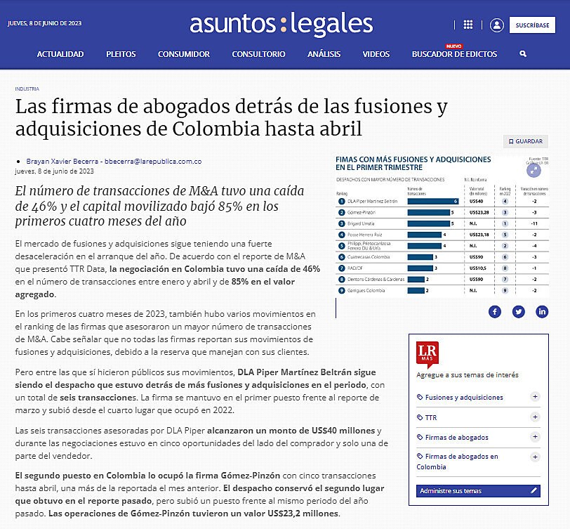 Las firmas de abogados detrs de las fusiones y adquisiciones de Colombia hasta abril